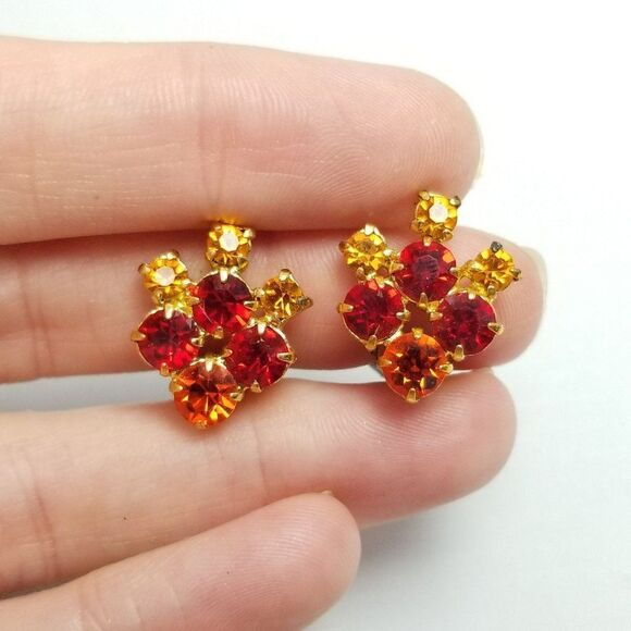 Vintage Red Orange Little Rhinestone Cluster Clip On Earrings Made in Austria - Picture 2 of 8